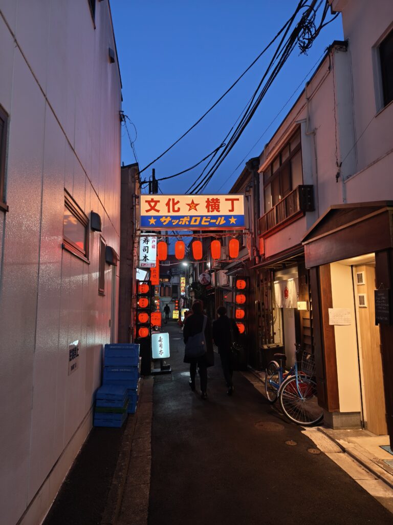 文化横丁の夕暮れ時の風景。昭和レトロな看板と提灯が並ぶ細い路地。